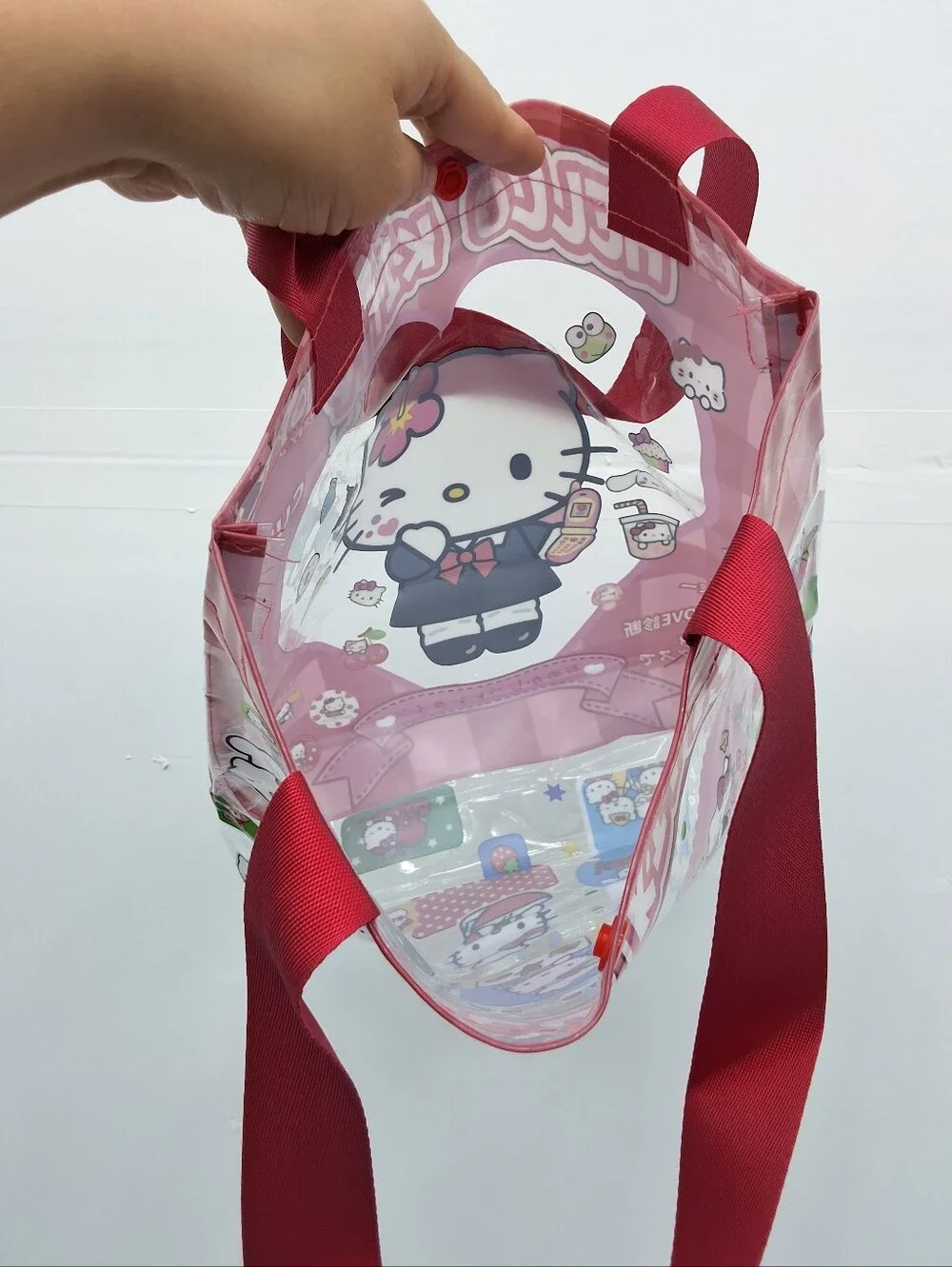 Hello Kitty Mini Clear PVC Tote Bag Kawaii Shoulder Bag Snap Closure, New
